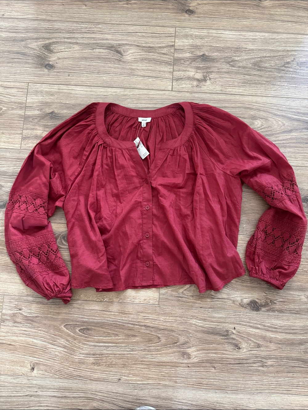 aerie Wine Red Button-Front Peasant Blouse